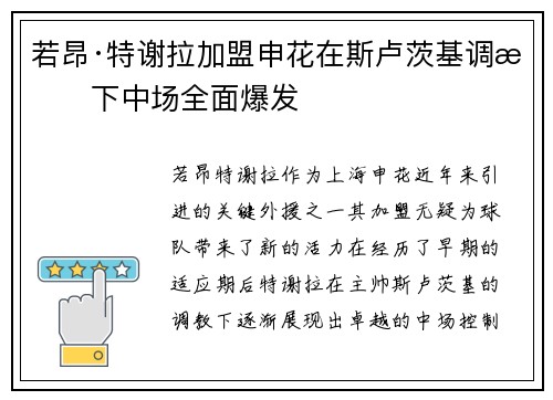 若昂·特谢拉加盟申花在斯卢茨基调教下中场全面爆发
